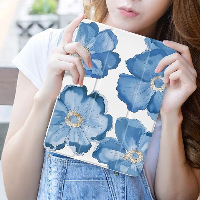 JOYLAND for iPad (A16) 11th Gen 11 Inch 2025/iPad 10th Generation Case 10.9 inch 2022 with Pencil Holder-Auto Wake/SleepBlue Floral Pattern Anti-Scratch Shockproof Premium Folio Stand CaseWhite