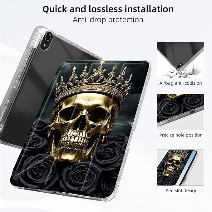 for iPad A16 (11th Generation) Case with Pencil Holder Foldable Y-Shaped Protective Cover Stylish Clear Multi-Angle Viewing &amp Auto Sleep/Wake Tablet Case Gothic Skull Crown