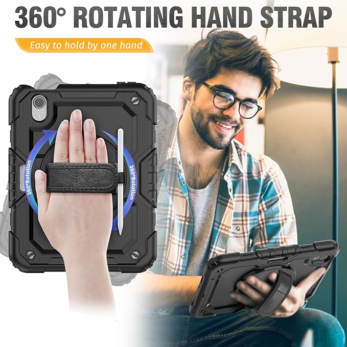 HXCASEAC Case for iPad mini 7 (A17 Pro) / iPad mini 6 Case 8.3 inch Full Body Protective with Carrying Strap Hand Strap Protector Pencil Holder 360 Rotating Stand A2995 A2993 A2567 A2568 Black