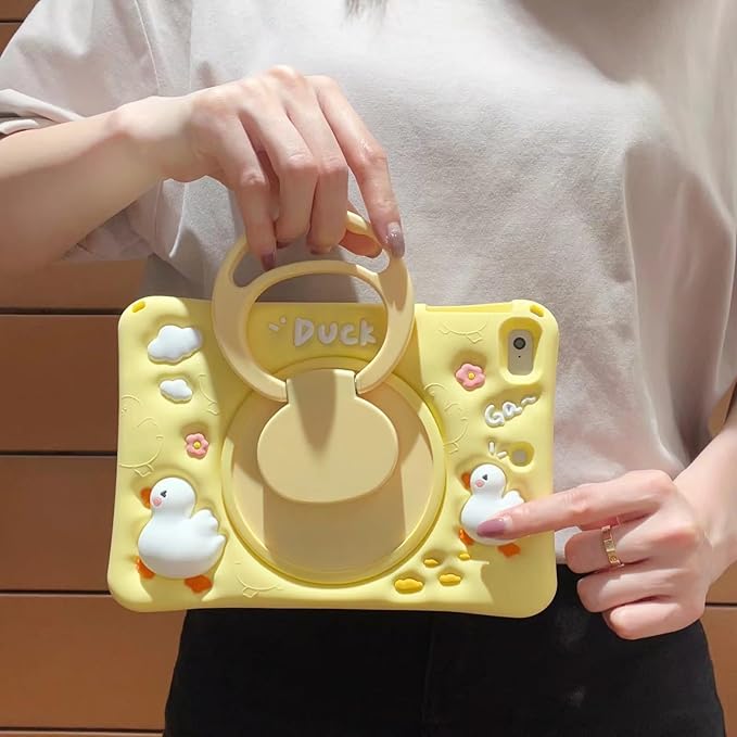 3D Cute Press Duck Case for iPad mini 1st 2nd 3rd 4th 5th Gen 7.9 inchKawaii Cartoon Character Duck Soft Silicone Rotating Stand Case with Lanyard for Kids Teens Girls Women