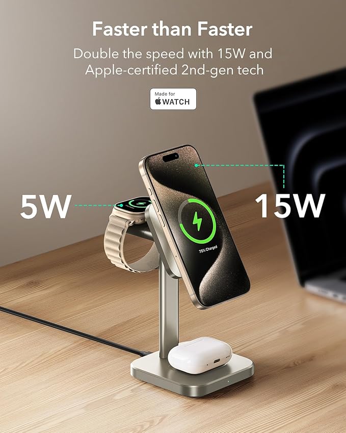 ESR for 3 in 1 Wireless Charging Station Certified Apple Watch Charger 15W MagSafe Charger Stand Wireless Charger for Multiple Devices iPhone 17/16/15/14/13 Watch AirPods Natural Titanium