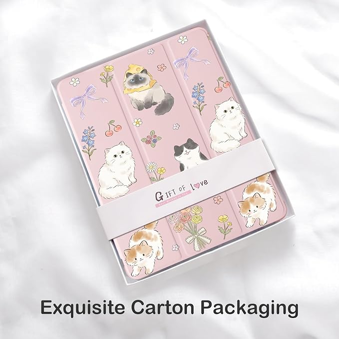 Cue Kawaii Kitten Cat Flower for iPad 5th/6th Generation Case with Pencil Holder Auto Sleep/Wake Pink Leather Soft TPU Back Cover for iPad 9.7 Inch
