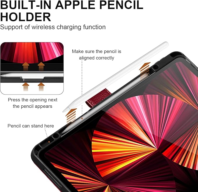 Genuine Leather Case for iPad Pro 12.9 inch 6th/5th/4th/3rd Generation 2022/2021/2020/2018 | with Pencil Holder and Adjustable Stand Magnetic Closure Auto Wake/Sleep Cover | Wine Red