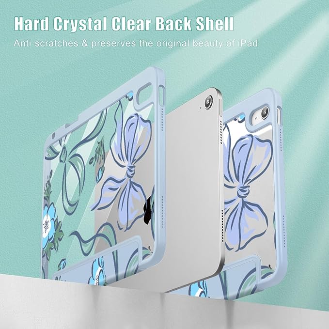 Mektron Case for 2026 iPad Air 13 inch M4 Cover Compatible 2025 iPad Air 13 inch M3 2024 iPad Air 13 inch M2 with Pencil Holder Shockproof Clear Shell Flowers-Bows-Blue