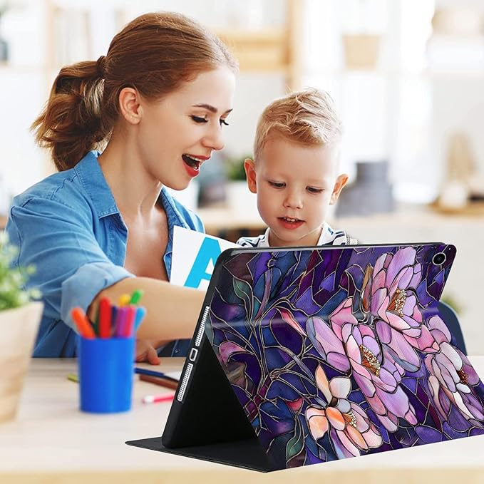 Compatible with iPad Air 13 inch Case (M3 2025 /M2 2024)/12.9 inch Case (6th/5th/4th/3rd 2022/2021/2020/2018) with Pencil HolderAuto Wake/Sleep Protect CoverStained Glass Flower Floral Purple