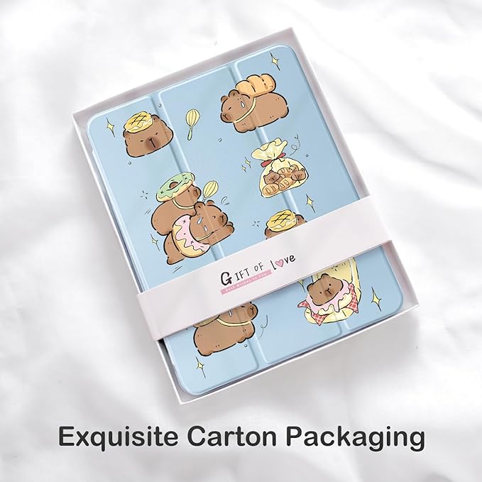 Cute Kawaii Capybara for iPad mini 7 A17 Pro 2024/iPad Mini 6 Case with Pencil Holder Auto Sleep/Wake Blue Leather Clear Acrylic Back Cover