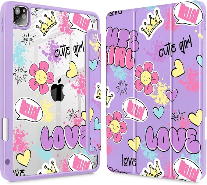 May Chen for iPad Pro 11 inch M2 4th Generation 2022 iPad Pro 11 3rd/2nd/1st Gen Built-in Pencil Holder with Shockproof Cover Clear Transparent Back Shell Auto Wake/Sleep Cute Girl Pattern