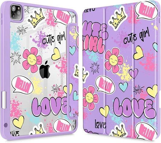 May Chen for iPad Pro 11 inch M2 4th Generation 2022 iPad Pro 11 3rd/2nd/1st Gen Built-in Pencil Holder with Shockproof Cover Clear Transparent Back Shell Auto Wake/Sleep Cute Girl Pattern