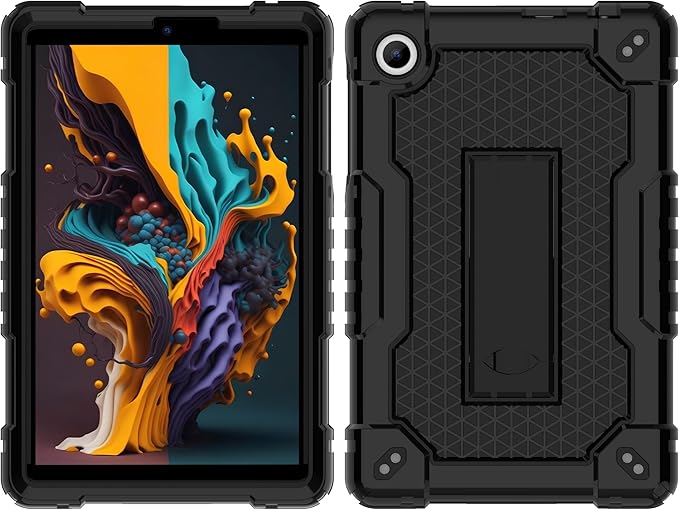 for TCL Tab 8 V/TCL AT&ampT Tab 8 SE (6048E) Tablet Case with Screen ProtectorSoft Silicone Rubber Heavy Duty Hybrid Had Back Shell Protection Build in Kickstand (Black/Black/1 PC)