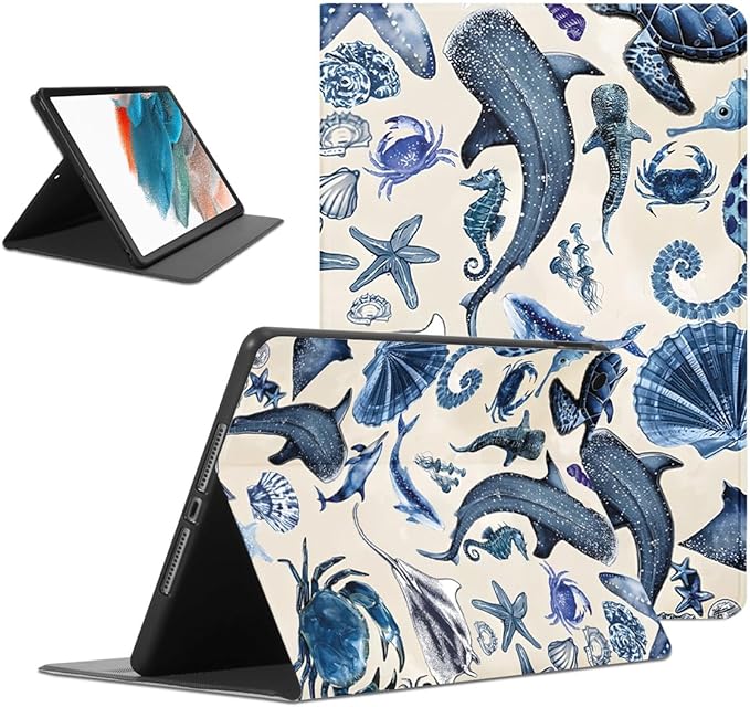 Cute Ocean Whale Shark Turtle Tablet Case for Samsung Galaxy Tab A8 X205/X200 2021 10.5 Summer Sea Shell Starfish Cover for Girls Women Trendy Protective Cases Flip PU Leather Funda