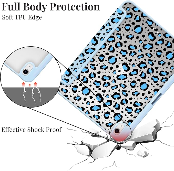 Cute Case for 10.2 iPad 2019/2020/2021 Blue Leopard Cheetah Print Clear Hard Back Hybrid Casewith Pencil Holder Trifold Stand Slim Tablet Cover for iPad 7th/8th/9th Gen for Women