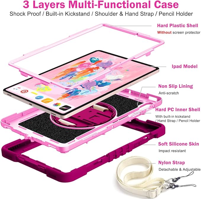 Shockproof Case for Samsung Galaxy Tab S8+/S7+/S7 FE 12.4 Tablet with Shoulder Strap Techcircle Heavy Duty Rotating Kickstand Rugged Defender Protective Case with Adjustable Hand Strap Rose+Pink