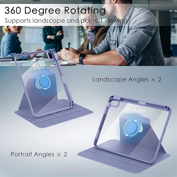 Soke Rotating Case for iPad (A16) 11th Generation 2025 iPad 10th Gen 2022 with Pencil Holder [Shockproof + Auto Sleep/Wake] 360 Degree Rotation Clear Back for iPad 11/10.9 - Lilac Purple