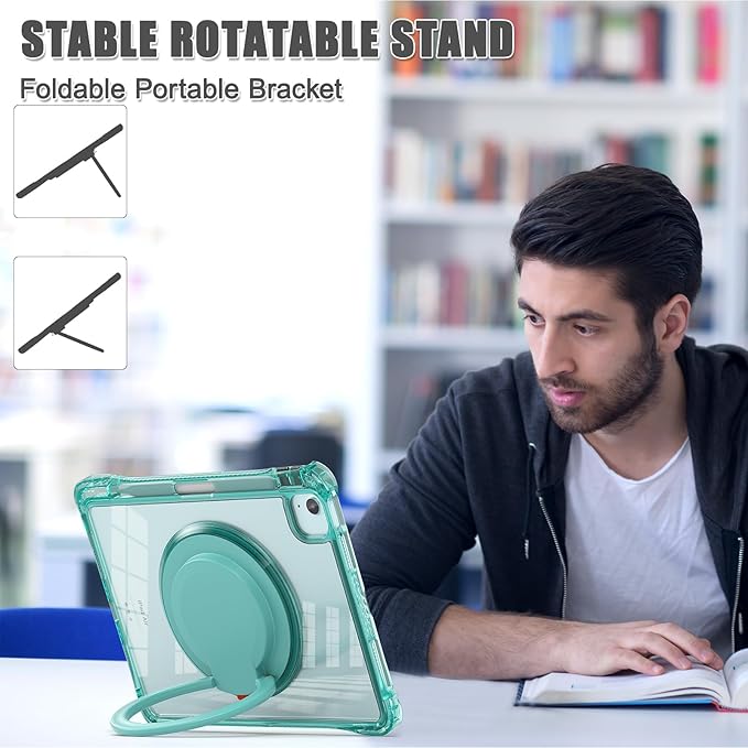 Shockproof Case for iPad Air 11 inch (M3 2025 7th /M2 2024 6th) Compatible with iPad Air 10.9 (2022 5th Gen /2020 4th Gen) PC Clear Tablet Cases with Rotating Stand for Kids Light Green