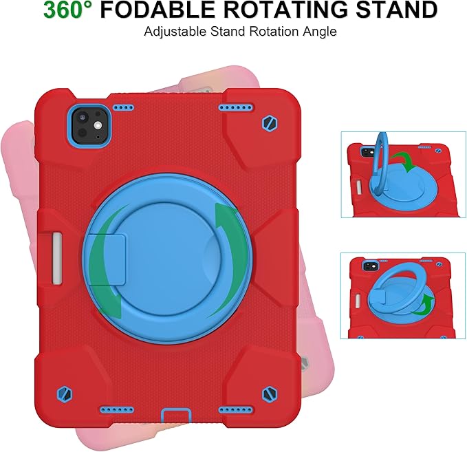 Case for iPad Pro 11 Inch M4 2024/M5 2025 Case Heavy Duty Shockproof Cover with Screen Protector/360° Rotate Stand/Shoulder Strap/Pencil Holde (Red+Blue iPad Pro M4/M5 11 inch)