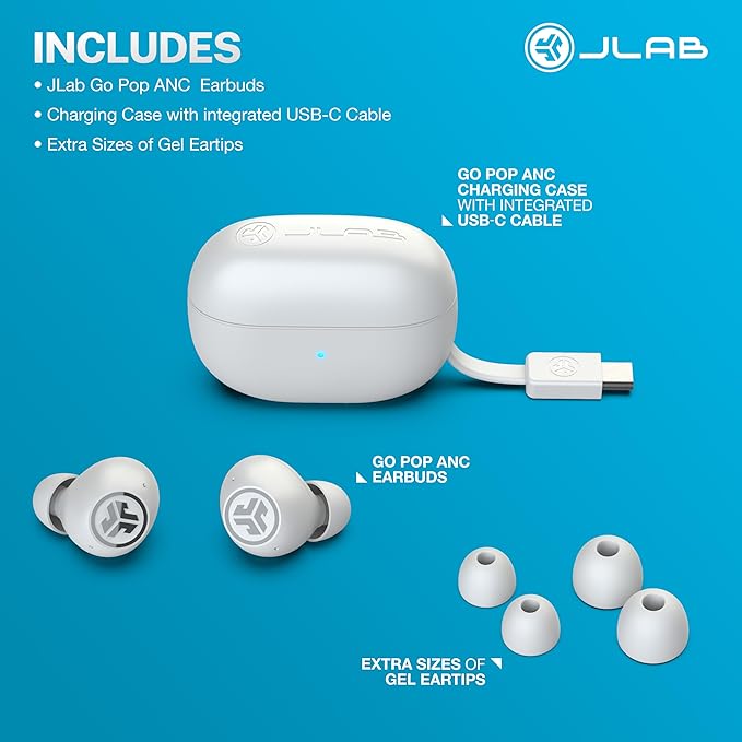 JLab Go Pop ANC True Wireless Earbuds &amp Charging Case Cloud White Active Noise Cancelling 10mm Drivers Dual Connect Customize Your Sound with App Be Aware Mode Compact Fit MEMS Microphone