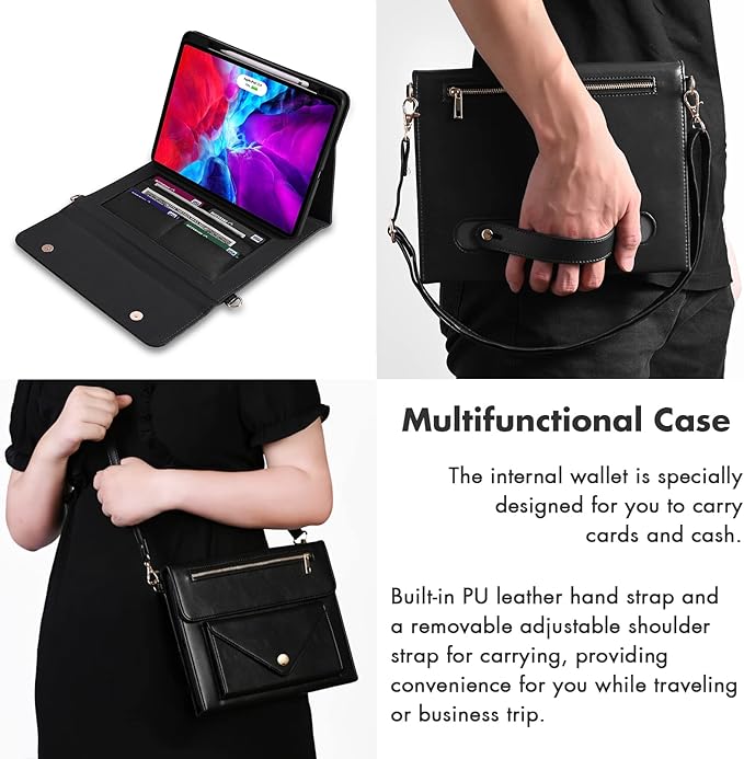 Dteck Case for iPad Air 13 (M2) 2024/iPad Pro 12.9 inch 6th/5th/4th/3rd GenerationPremium PU Leather Folio Stand Cover Pencil Holder Zipper Pocket Strap Shockproof Protective Business CaseBlack