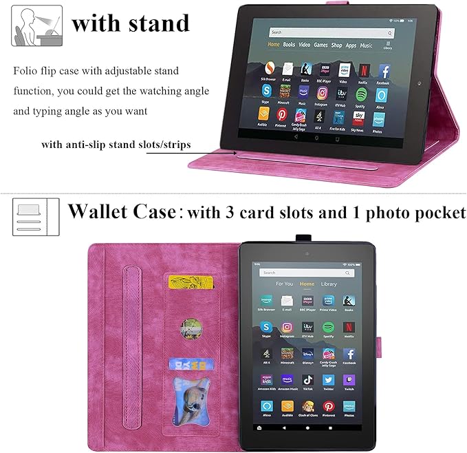 for Amazon Kindle Fire HD 8 &amp Fire HD 8 Plus Case 12th/10th Generation (2024/2022/2020) 8 UUcovers Embossed PU Leather Folio Magneic Cover with Stand/Pencil Holder Cherry Blossom Rose Cat