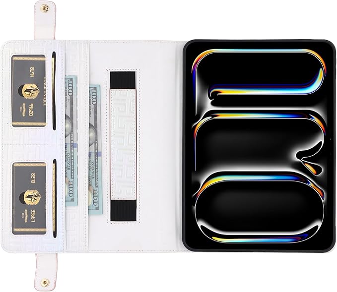 Shiny Case for Samsung Galaxy Tab S7/S8/S9/S9 FE/S10 FE 10.9 11 Handbag Techcircle Crossbody Iridescent Folio Stand Wallet Case with Pen Holder+Card Slots+Hand Strap+Shoulder Strap Shiny White