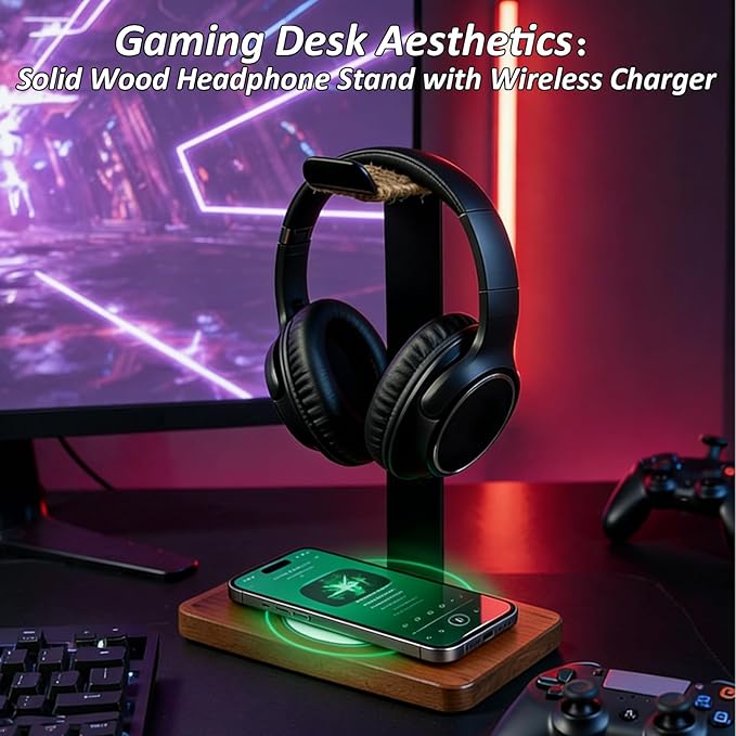 Handmade Wood Headset Stand with Fast Wireless Charging Pad- QI Wireless Charging Dock Compatible with iPhone 17/16/15/14 /Samsung Series2-in-1 Universal Holder for All Table Headphones