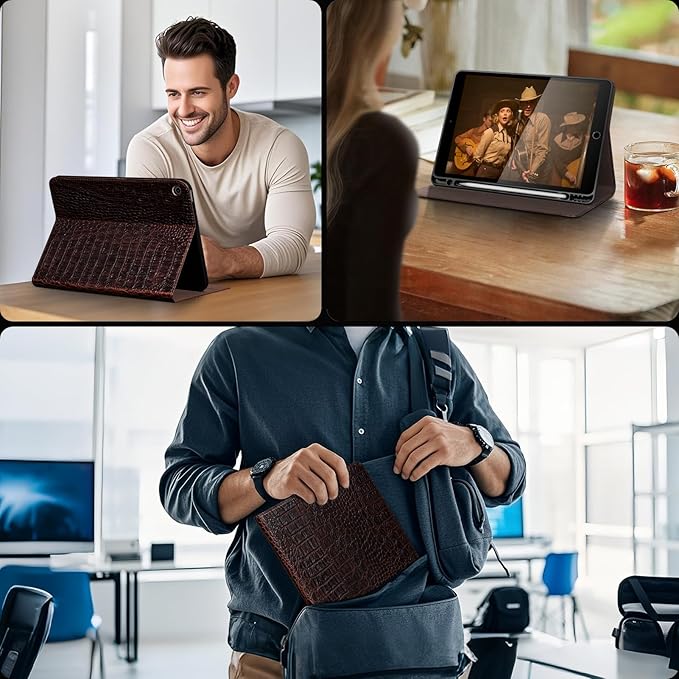 Gexmil Leather Case for iPad 10.2 Inch 9th/8th/7th Gen 2021/2020/2019Premium Cowhide Folio Cover with Pencil Holder Auto Wake/SleepAdjustable Stand Anti FingerprintBrown Crocodile