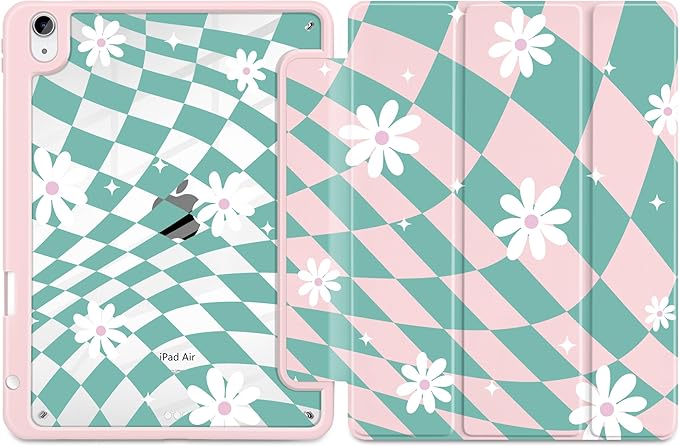 DONGKE Case for iPad Air 11-inch M4 2026 &amp M3 2025 &amp M2 2024 iPad Air 5th/4th Generation 10.9 2022/2020 [Built-in Pencil Holder] Clear Acrylic Back Trifold Stand Smart Cover Checkered &amp