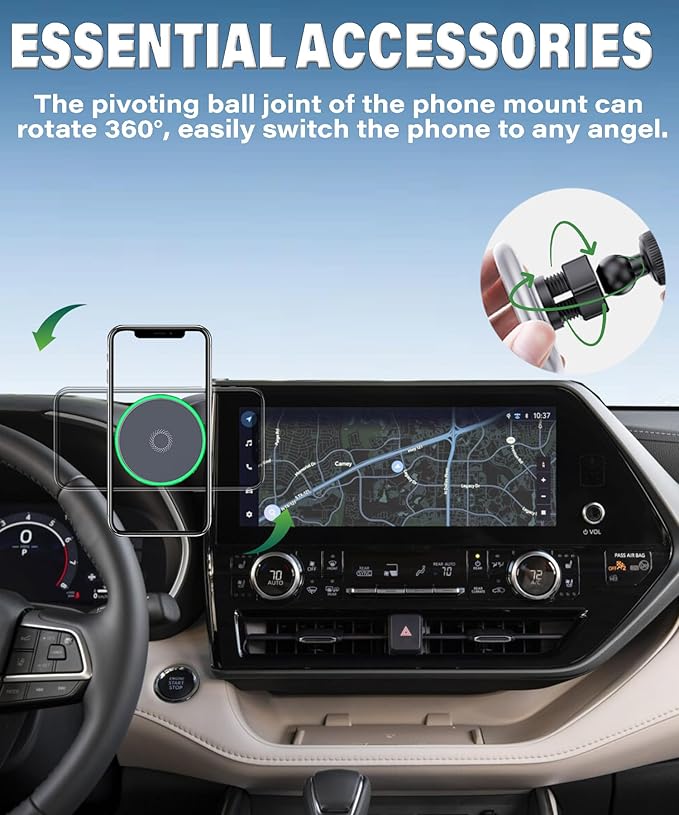 Car Phone Holder for 2020-2026 Toyota Highlander Accessories 15W Fast Wireless Charger Magnetic Cell Phone Mount Hands-Free 360 Degree Rotation Dashboard Original-Size Replacement Model