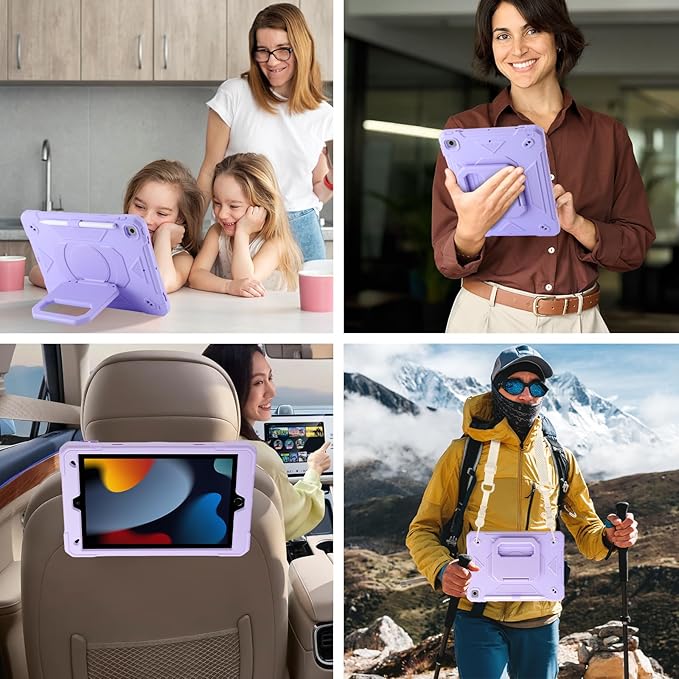 Case for iPad 9th Generation (2021) /iPad 8th Gen (2020)/iPad 7th Gen (2019) Military Grade Shockproof iPad Case Built-in 360°Rotating Stand/Pen Slot/Shoulder Strap for iPad 10.2 (Light Purple)