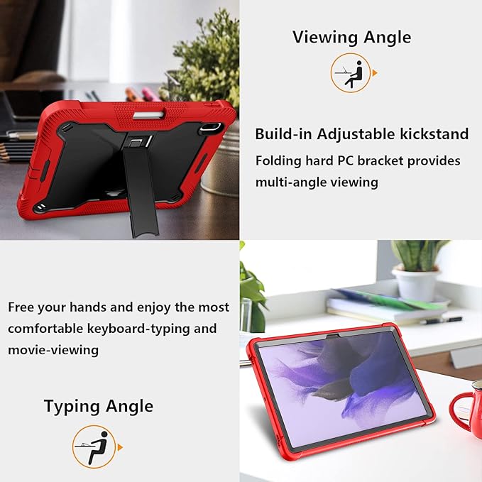 for Samsung Galaxy Tab S8 Plus 2022/S7 FE 5G 2021/S7 Plus 2020 Tablet 12.4 inch Case with S Pen Holder/Kickstand/Hard Shockproof Silicone Rugged Stand Cover for Tab S8+/S7+/S7 FE Red