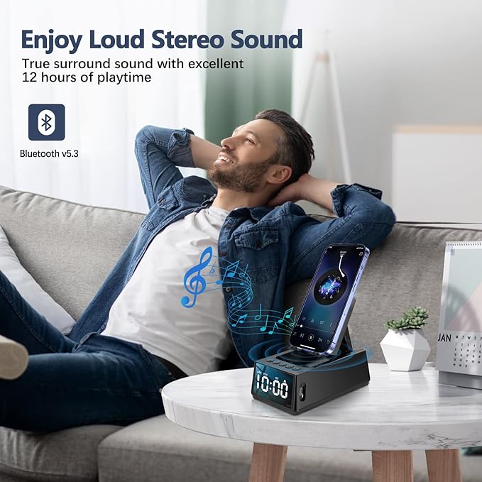 Cell Phone Stand with Wireless Bluetooth Speaker &amp Alarm Clock 3 in 1 Adjustable Holder with Anti-Slip Base Fits All Phones Tablets Unique Tech Gifts for Men/Women Dad Mom Husband Wife (Blac