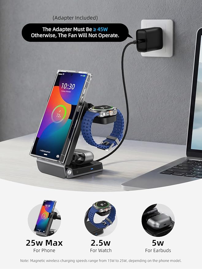 Wireless Charger for Samsung – 25W Magnetic Qi2 Charger with Active Cooling &amp 45W Adapter 3 in 1 Foldable Charging Station for Samsung Galaxy S26 Ultra Galaxy Watch 8 &amp Buds4 for Android De