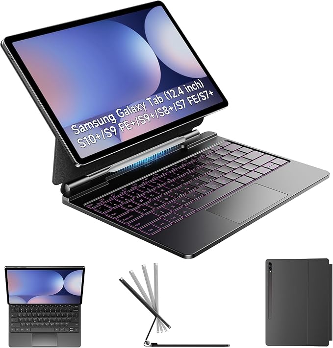 HOU Keyboard for Samsung Galaxy Tab S10+ Plus/S9+ Plus/S9 FE+ Plus/S8+ Plus/S7+ Plus/S7 FE 12.4 with Magnetic CaseFloating CantileverMulti-Function Trackpad7 Colors BacklitS Pen HolderBlack