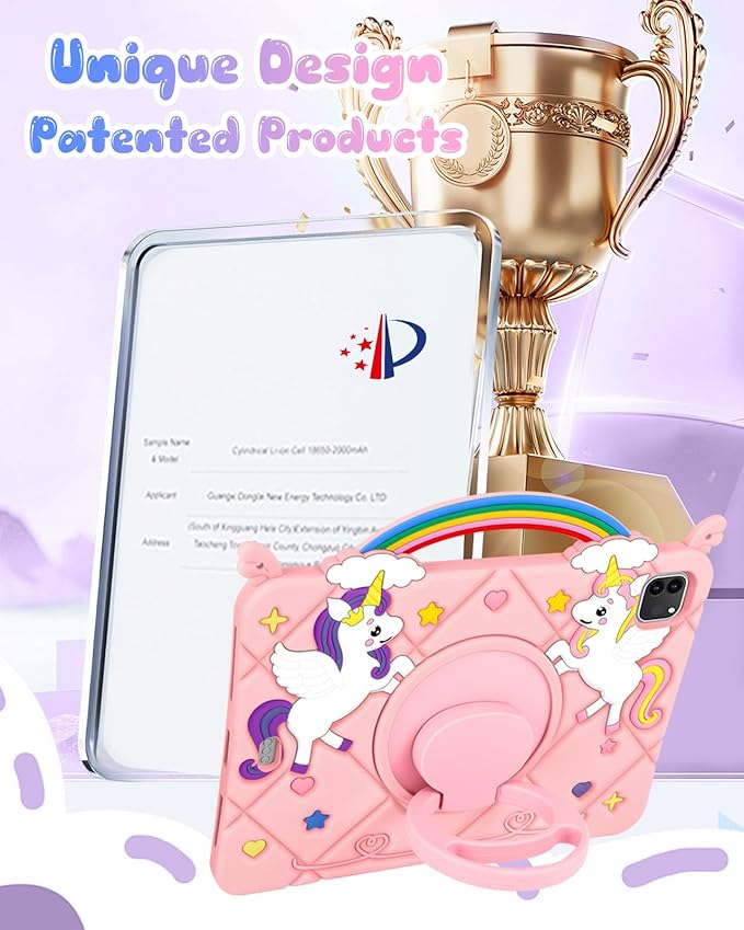 for iPad Air 11 inch Case(Air M4 2026 8th Gen/M3 2025/M2)/Air 5th/4th Gen 10.9 for iPad Pro 11 inch Case(4th/3rd/2nd/1st Gen) - Pink Unicorn Cover with Rotating Stand &amp Strap for Girls