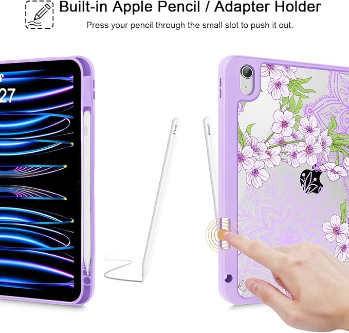 Mektron Case for 2026 iPad Air 13 inch M4 Cover Compatible 2025 iPad Air 13 inch M3 2024 iPad Air 13 inch M2 with Pencil Holder Shockproof Clear Shell Blossom Sakura-Purple