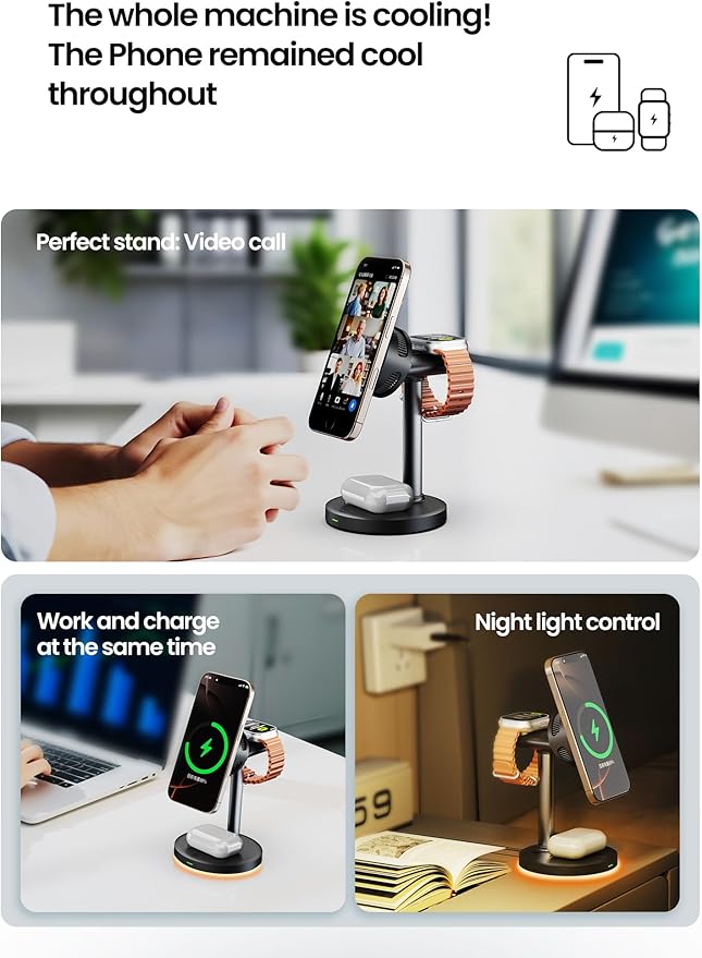 QI 2.2 25W Wireless Charger with Cooling Fan Smart Magnet Charger Stand for Apple Products 3 in 1 Magnetic Charging Station for iPhone 17/1615/14/13/12 Series Airpods Apple Watch (Black)