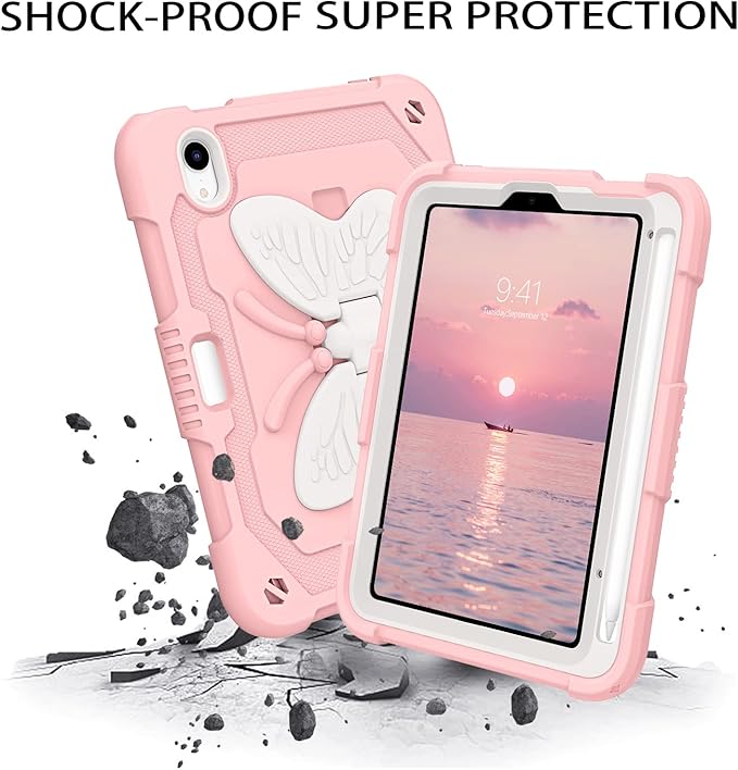 DUEDUE Case for iPad mini 7 (A17 Pro) 2024iPad mini 6 Case 2021 Butterfly Wings Kickstand with Pencil Holder Shockproof Protective Tablet Case for iPad mini 7th/6th Gen Kids Beige/Pink