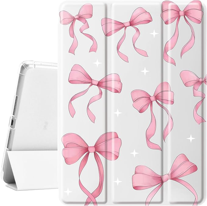 Idocolors Cute Pink Bow Case for 11 iPad Pro(2024) Tri-Fold Tablet Case with Auto Wake/Sleep &amp Pencil Holder - Vibrant Protective Cover for Women Girls and Teens White