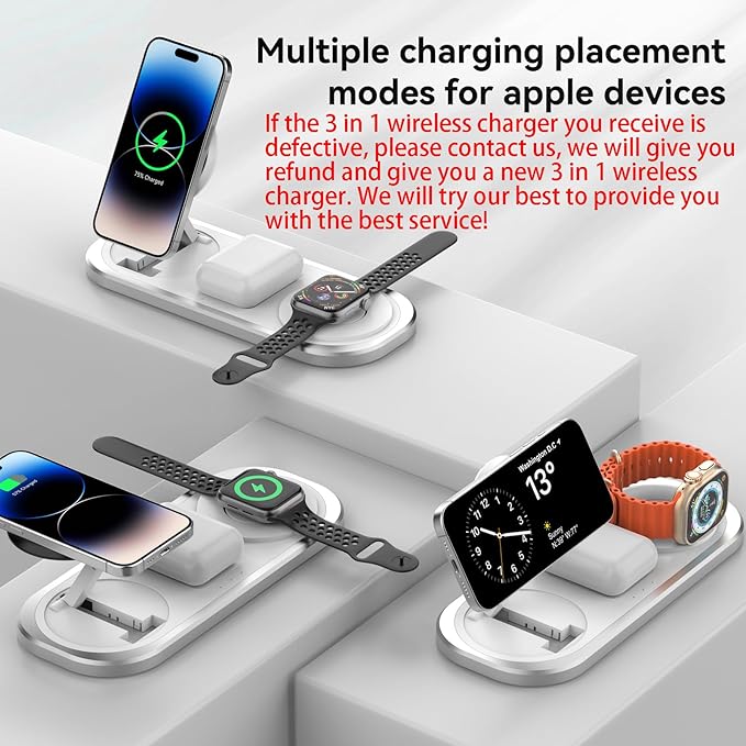 3 in 1 Fast Wireless Charger Stand for iPhone Foldable Travel Charging Station for Magsafe for iPhone 17/Air/16/15/14/13/12 Series Apple Watch Series AirPods pro/2/3/4 Gifts for Women Men (Silver)