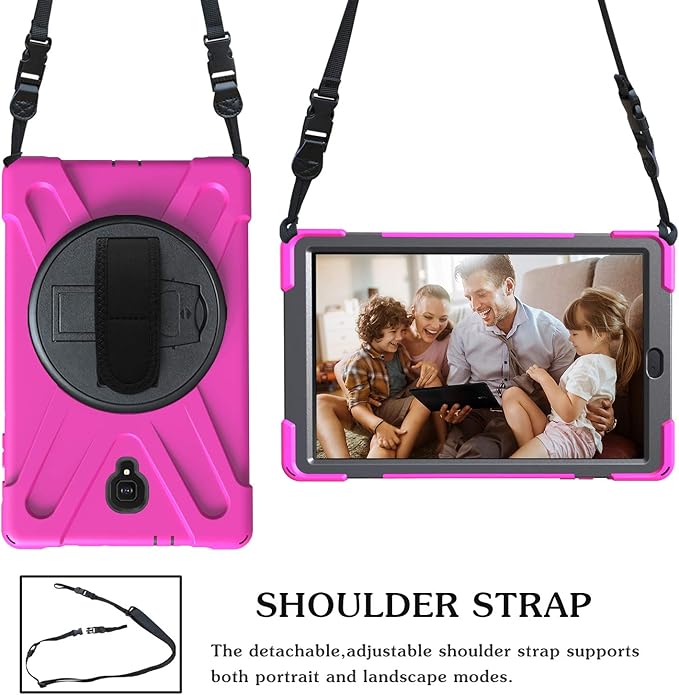 Rugged Case for Samsung Galaxy Tab A 10.5 2018 (SM-T590/T595/T597) Portable Hybrid Shock-Proof Cover with 360° Rotatable Hook&ampLoop HandleShoulder Strap (Rose)