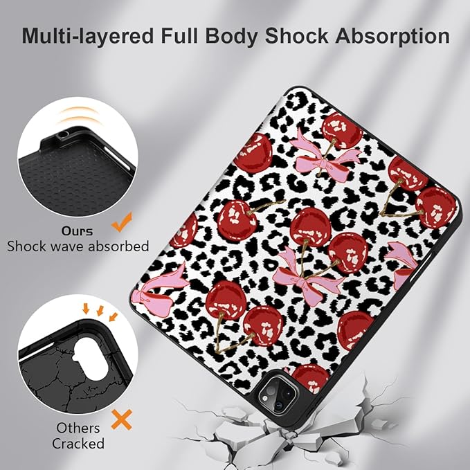 MEEgoodo for iPad Pro 12.9 Case M2 6th/5th/4th/3rd Generation 2022 2021 2020 2018 with Pencil Holder Tablet Cover with Soft TPU Back Shell Leopard &amp Cherry
