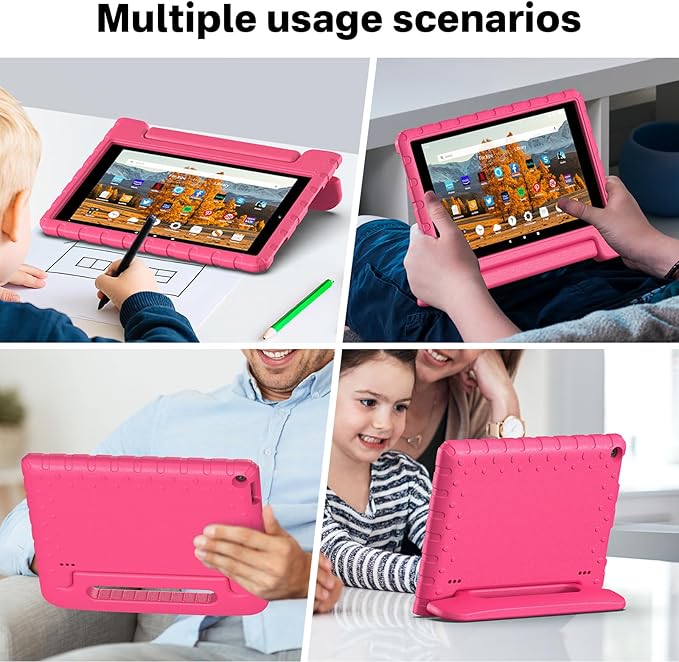 Kids Case for Amazon Kindle Fire HD 10 5th/7th/9th Generation 2015/2017/2019 Released Shockproof Protective Tablet Cases with Adjustable Handle Stand Rosered