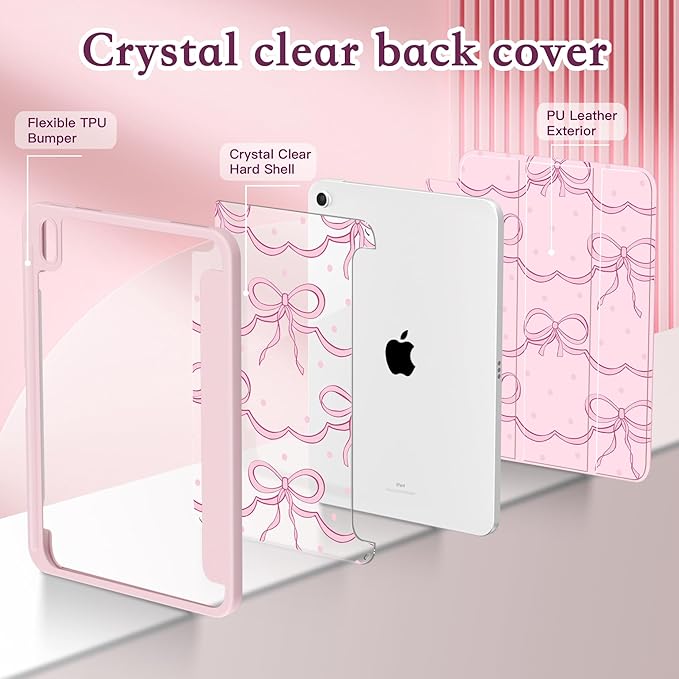 CISSOOK Case for iPad (A16) 11 inch (2025)iPad 10th Generation 10.9 inch (2022) with Pencil Holder Auto Wake/Sleep Premium Stand Case with Crystal Clear Hard Back TPU Shell Pink Bow