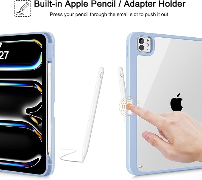 May Chen Case for iPad Pro 11-Inch M5/M4 2025/2024 (6th/5th Generation) [Penceil Holder] Trifold Stand Auto Wake/Sleep Clear TPU Protection Back Cover Heart Rabbits
