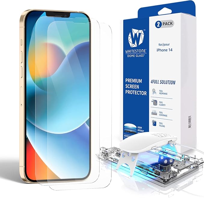 DOME GLASS Whitestone [Perfect Full Coverage] Tempered Glass Screen Protector for iPhone 14 with UV lamp [2Pack]