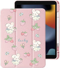 Cute Kawaii Bunny Strawberry for iPad Pro 12.9 Inch Case 5th/6th Generation 2022/2021/2020 with Pencil Holder Auto Sleep/Wake Pink Leather Clear Acrylic Back Cover