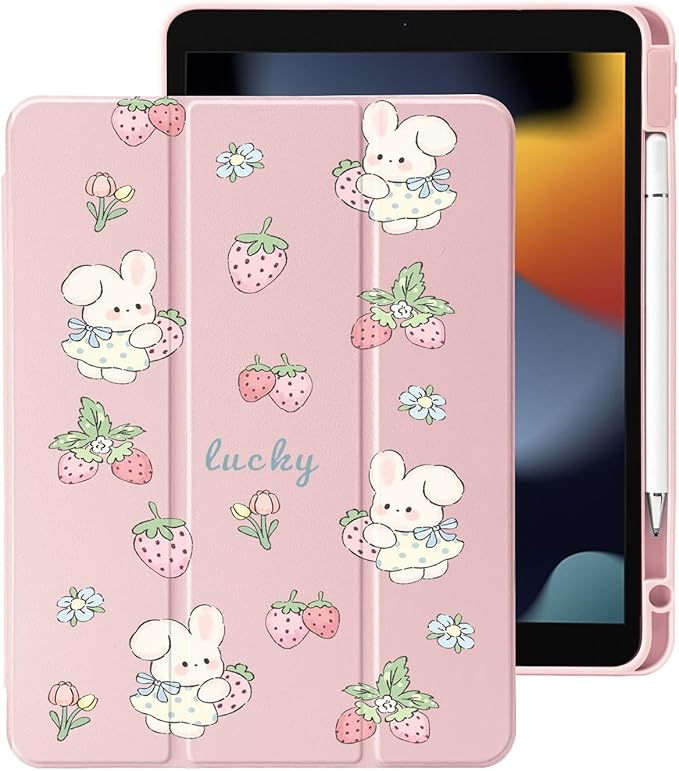 Cute Kawaii Bunny Strawberry for iPad Pro 12.9 Inch Case 5th/6th Generation 2022/2021/2020 with Pencil Holder Auto Sleep/Wake Pink Leather Clear Acrylic Back Cover