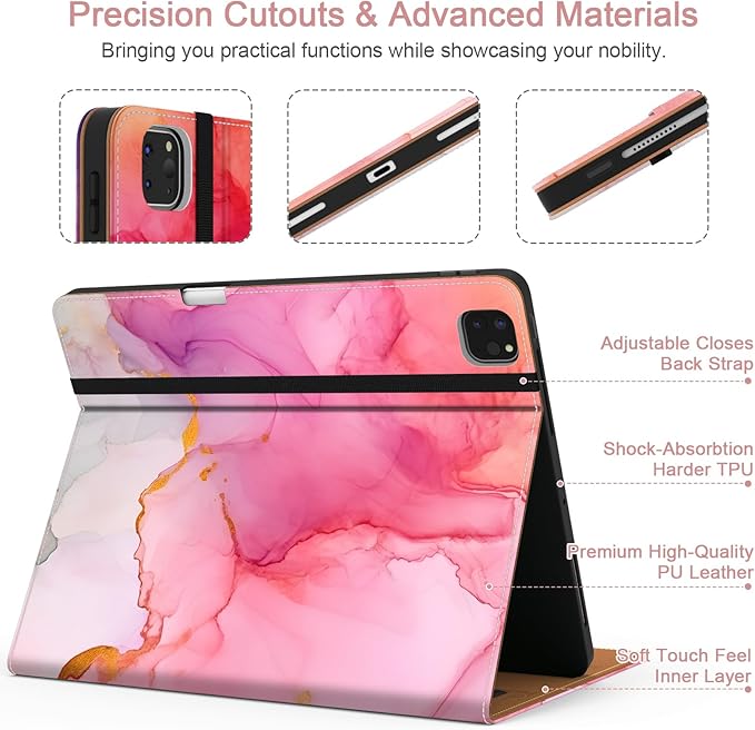 Case for iPad Pro 12.9 6th/5th/4th/3rd Generation 2022/2021/2020/2018 PU Leather 12.9 Cover with Pencil Holder/Multi-Angle Stand/Pocket Auto Wake/SleepMarble Pink
