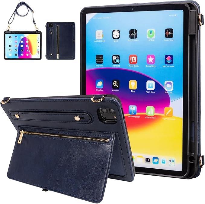 Dteck Case for iPad Air 13 inch M2 2024/iPad Pro 12.9 Case 6th/5th/4th/3rd Generation 2022/2021/2020/2018Premium PU Leather Shockproof Protective Case Zipper Pocket Strap Soft TPU CoverDarkblue