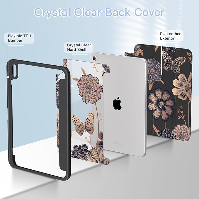 Teryeefi for iPad (A16) 11 inch Case 2025 /iPad 10th Generation 10.9 inch 2022 with Pencil Holder Trifold Stand with Soft TPU + PC Transparent Hard Shell Back Cover Butterflies Flowers