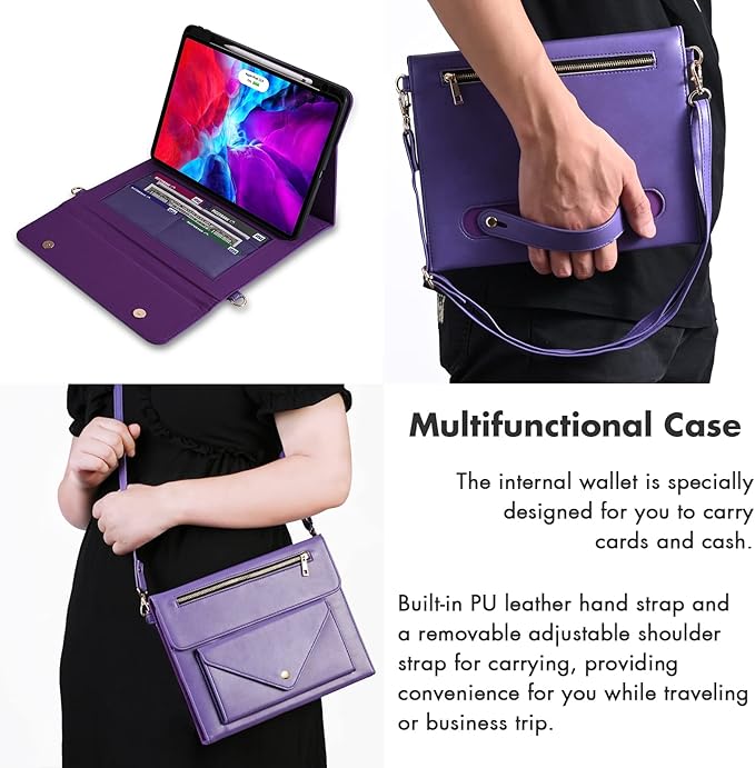Dteck Business Case for iPad Pro 11 Inch iPad Air 11 Inch PU Leather Flip Stand Cover Pencil Holder Zipper Pocket Strap Protective Wallet Case Purple
